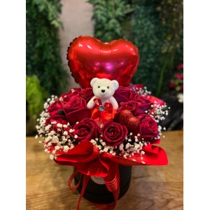 Kutuda Kırmızı Gül, Ayıcık ve Kalp Balon