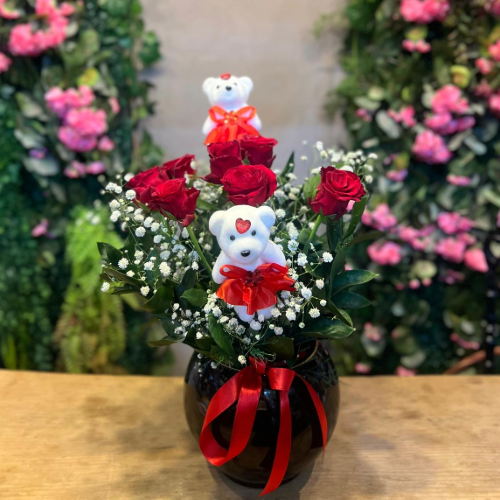 Siyah Vazoda Ayıcıklı Kırmızı Gül Aranjmanı