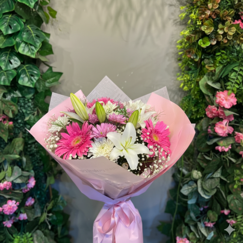 Pembe&Beyaz Gerbera & Lilyum Buketi