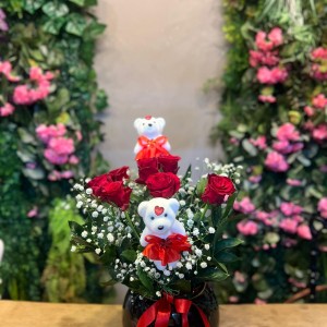 Siyah Vazoda Ayıcıklı Kırmızı Gül Aranjmanı